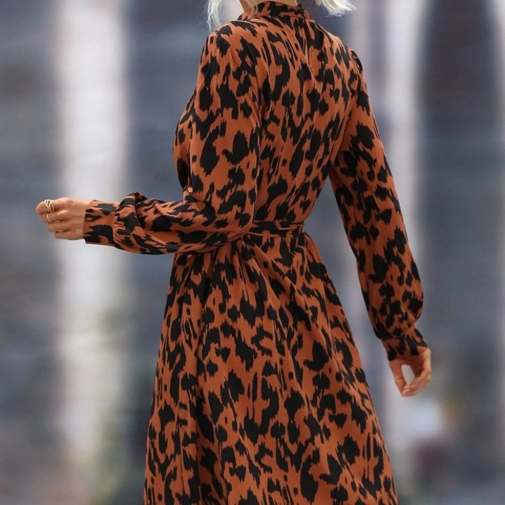 Boho Animal Print belted midi dress brown  black - Picture 5 of 6